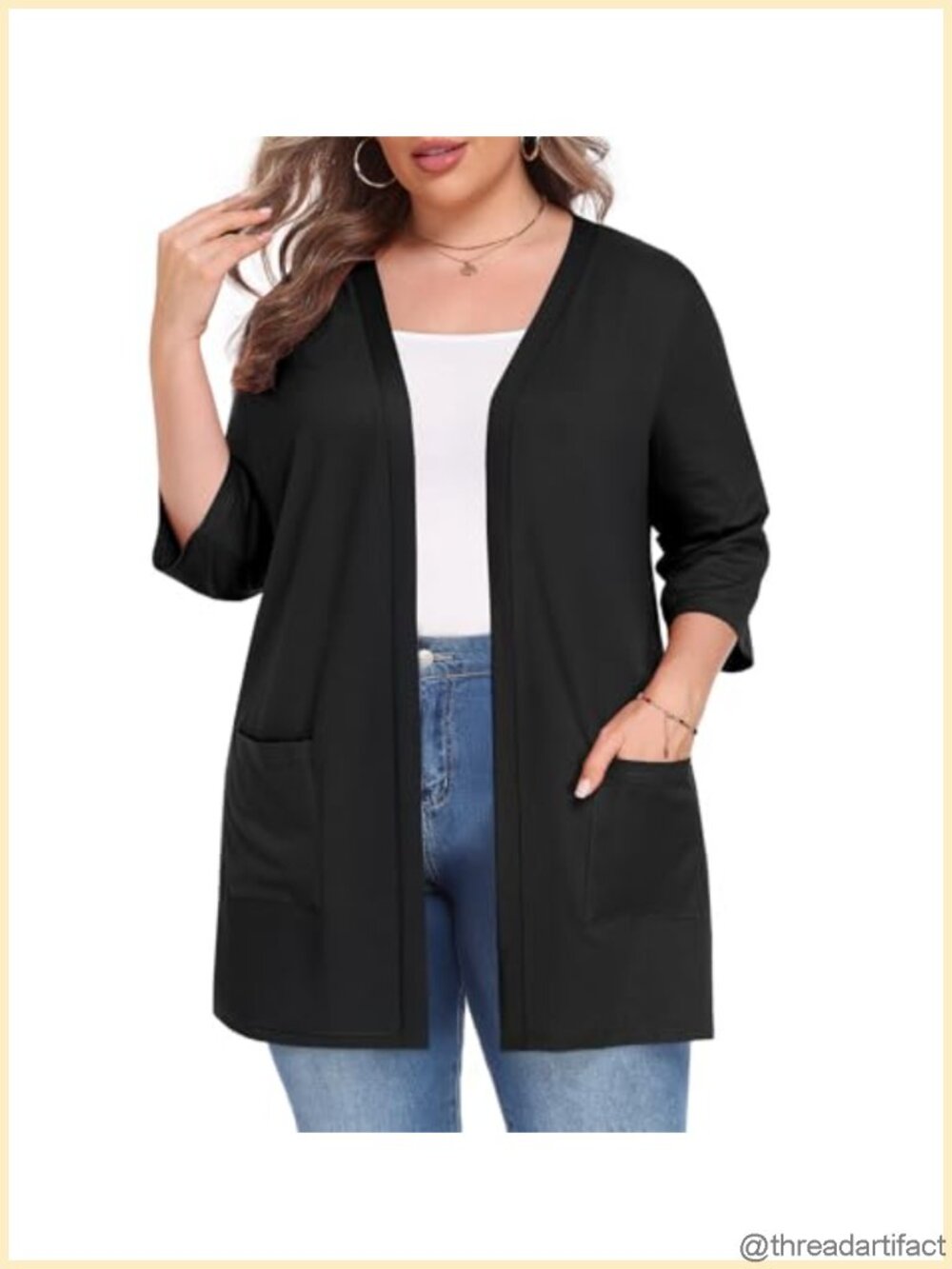 Plus Size Lightweight Open Front Cardigan 3/4 Sleeve Pockets